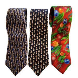 Set of 3 Holiday Christmas Winter Silk Neck Ties Ornaments Snowmen Penguin